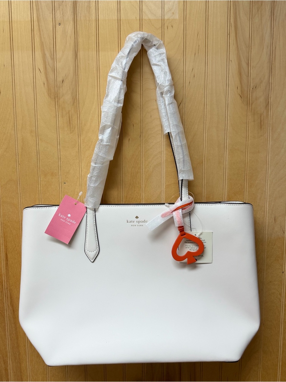 NWT Kate Spade New York White Leather Tote Bag with Orange Charm